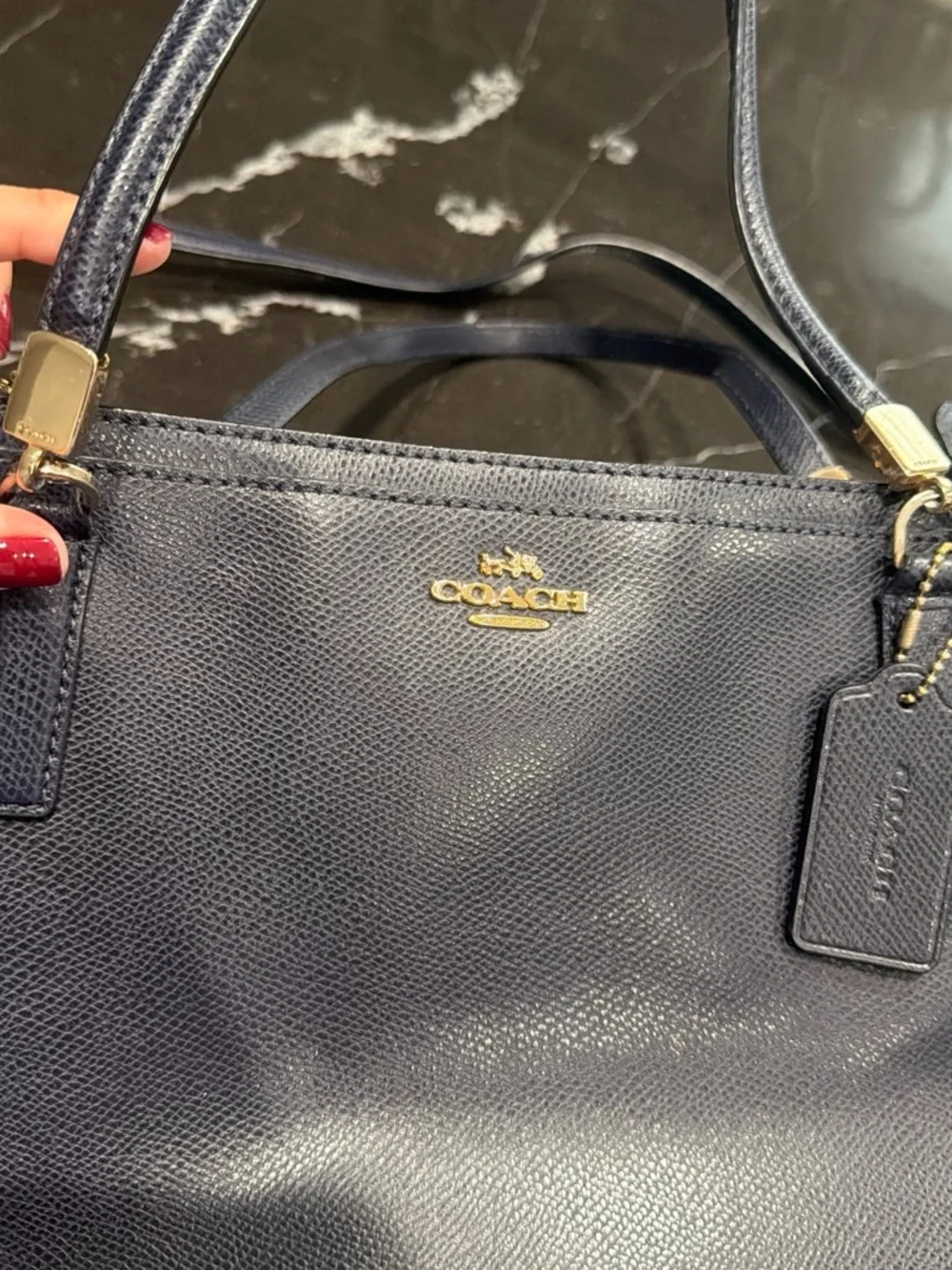 Coach Navy Leather Satchel with Gold-Tone Hardware
